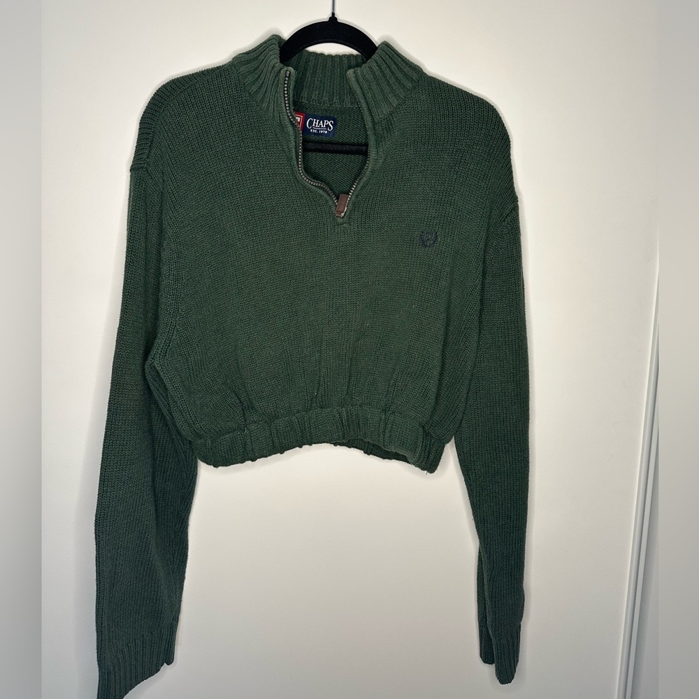 Chaps Cropped Forest Green Half-Zip Knit Pullover